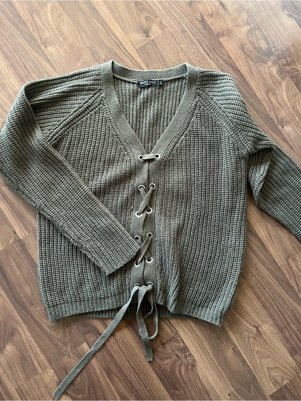 Brave Soul Olive Green Lace-Up V-Neck Sweater
